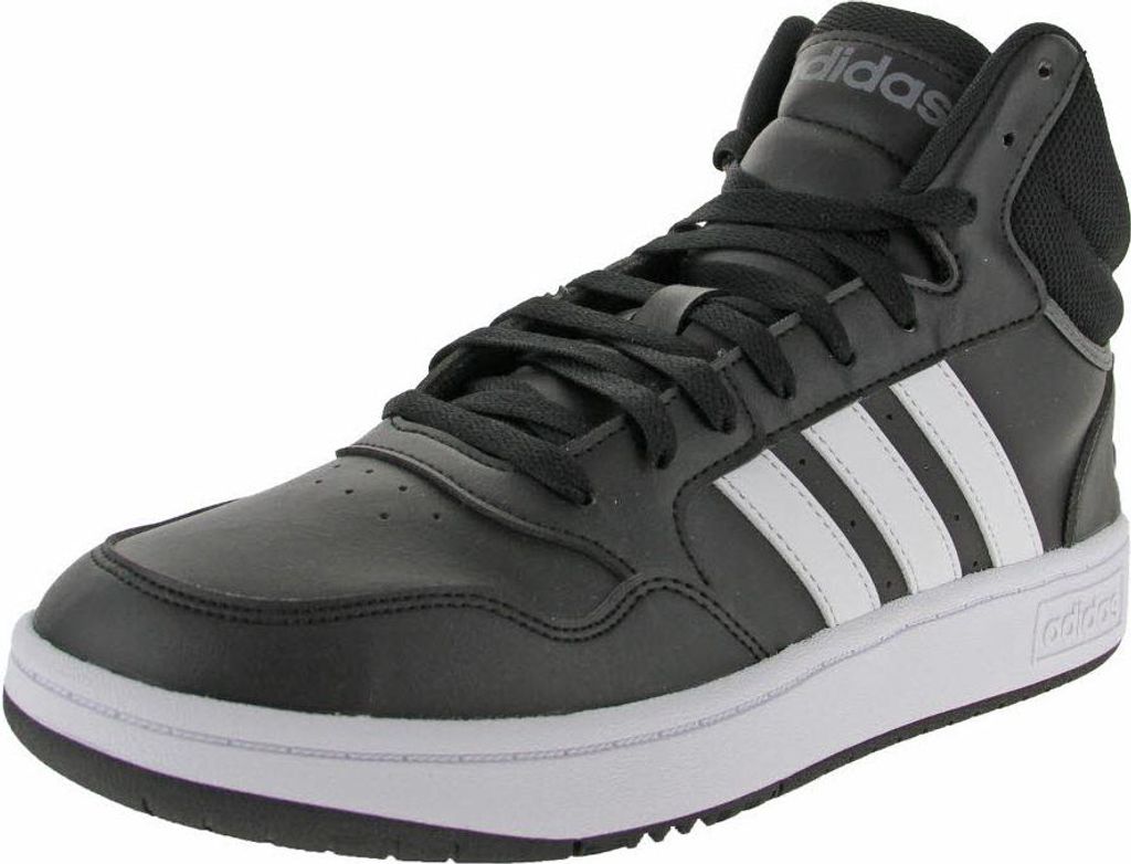 A studio shot of a black Adidas Hoops 3.0 Mid Classic Vintage sneaker against a white background.
