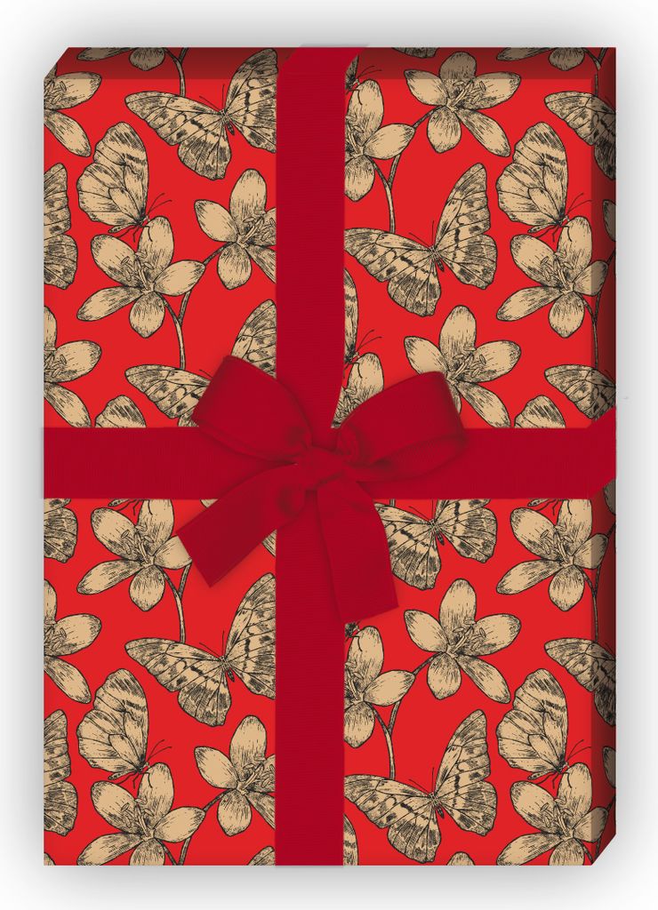 Wunderhübsches Schmetterlings Geschenkpapier, Dekorpapier mit Blüten, rot, - G8615, 32 x 48cm