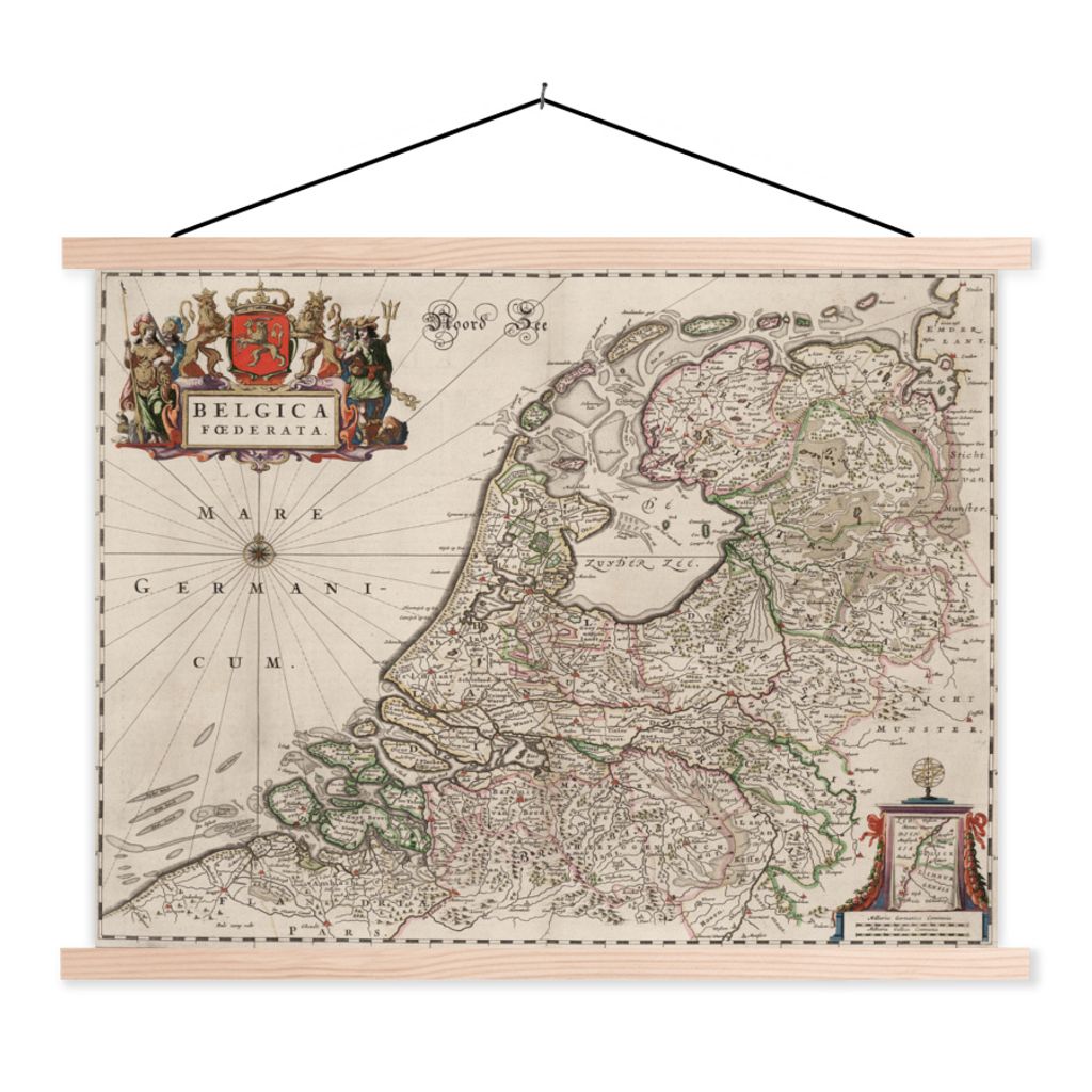 MuchoWow Textilposter Alte Karte der Niederlande und Belgiens 150x113 cm mit holzfarbenen Rahmen - Poster