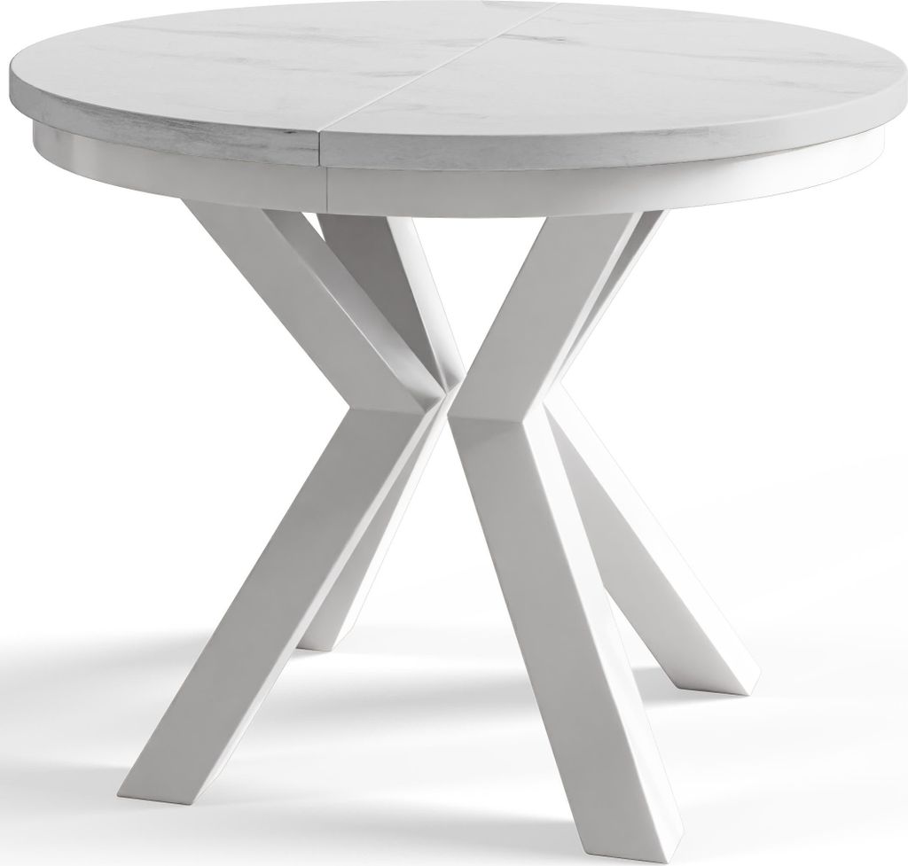 Runder Esszimmertisch LOFT, ausziehbarer Tisch Durchmesser: 100 cm/180 cm, Wohnzimmertisch Farbe: Hellgrau, mit Metallbeinen in Farbe Weiß