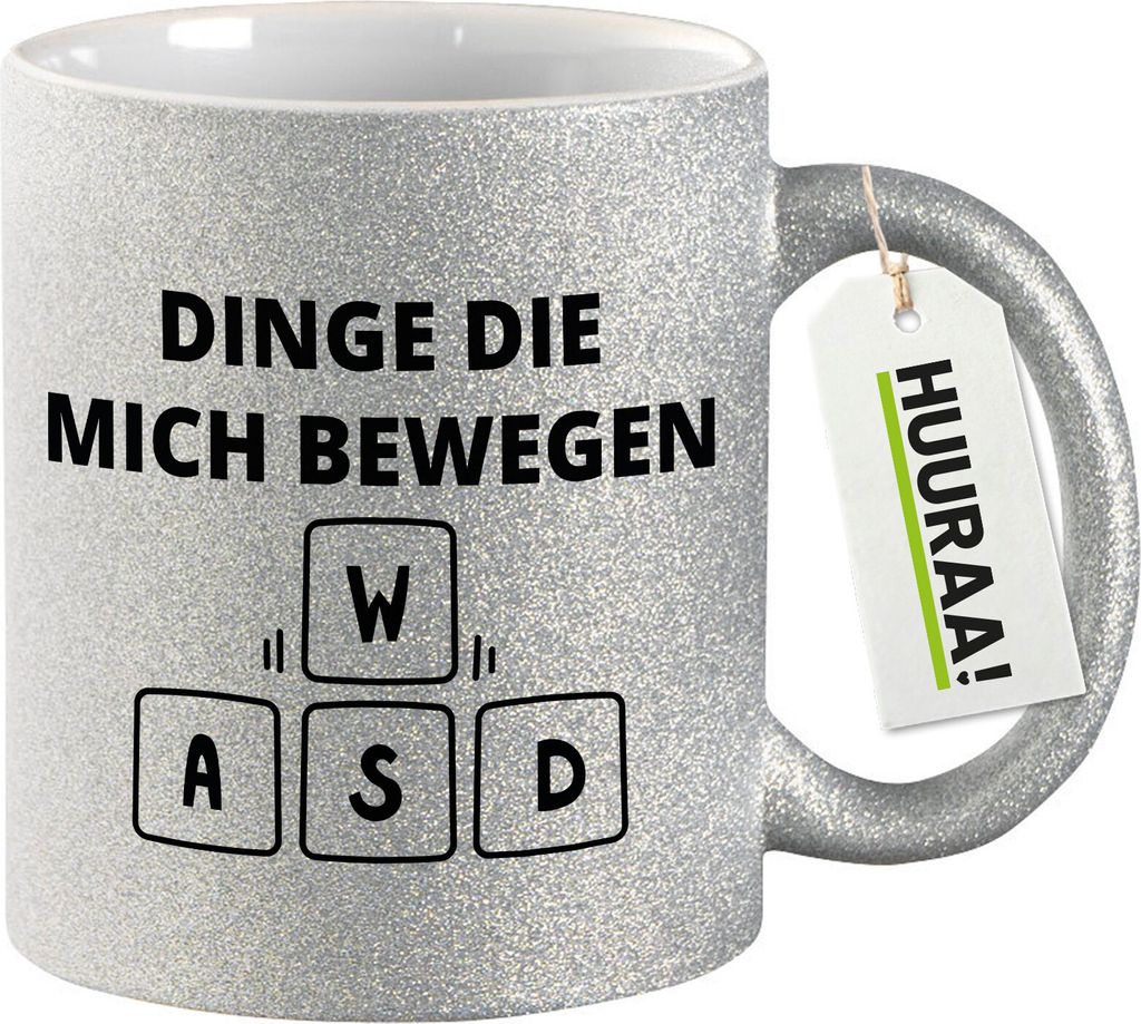 Huuraa Glitzertasse Dinge die mich bewegen Tastatur W A S D 330ml Silber Keramik Kaffeebecher Geschenkidee