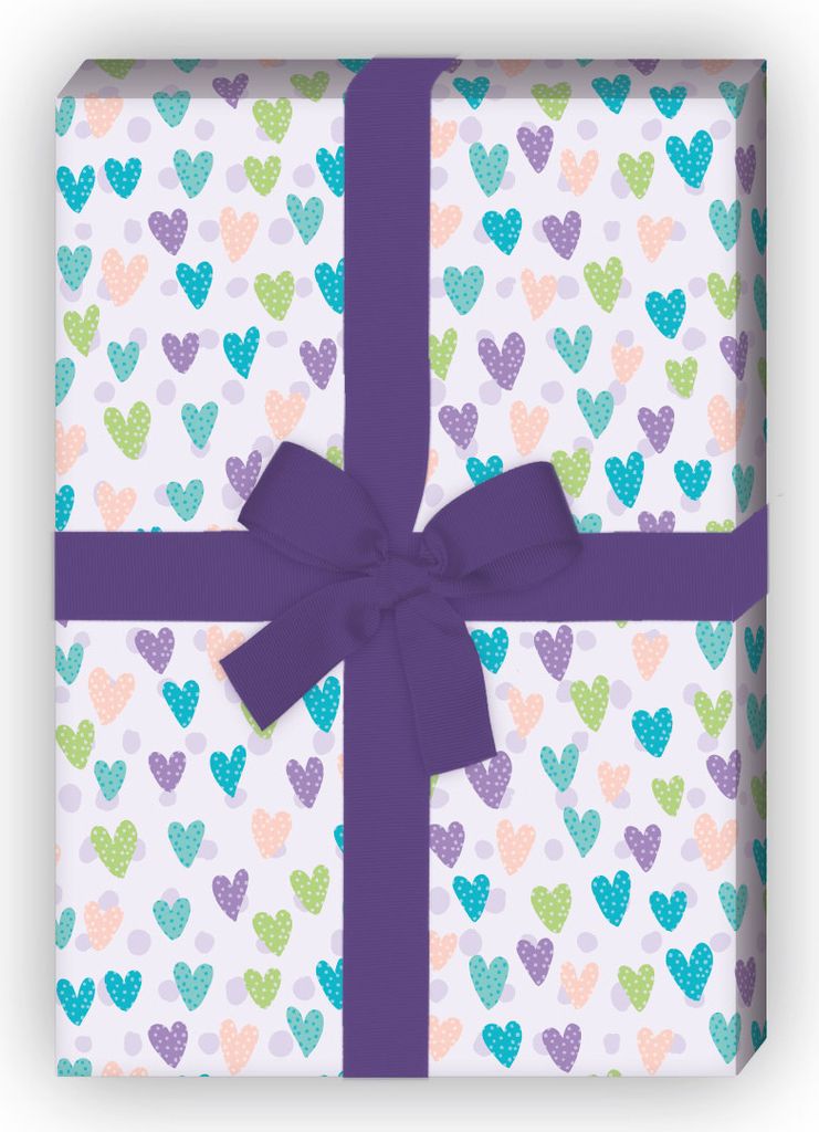Fröhliches Geschenkpapier mit gemalten Herzen, lila - G11861, 32 x 48cm