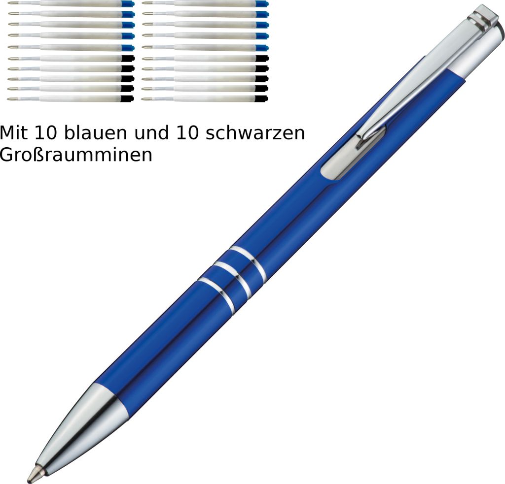 10 Kugelschreiber aus Metall / je 10 schwarze + blaue Minen / Farbe: blau