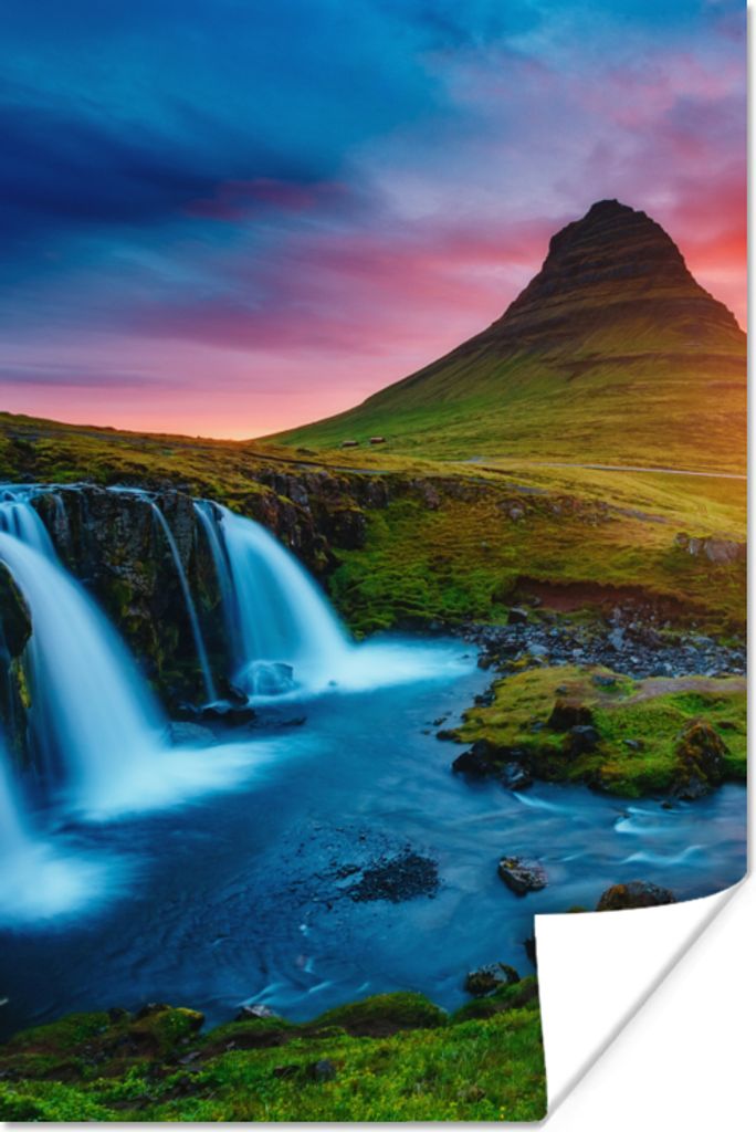 MuchoWow Poster Wasserfall - Berg - Moos - Sonnenuntergang - Natur 60x90 cm - Wanddekoration