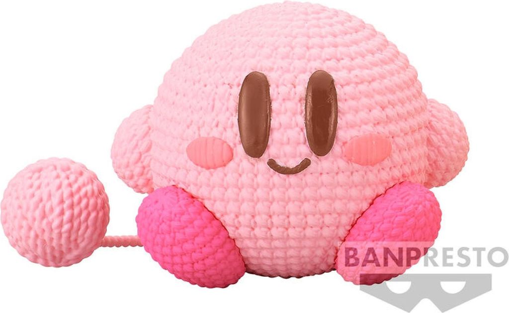 A crocheted plush toy of the character Kirby is shown against a white background.