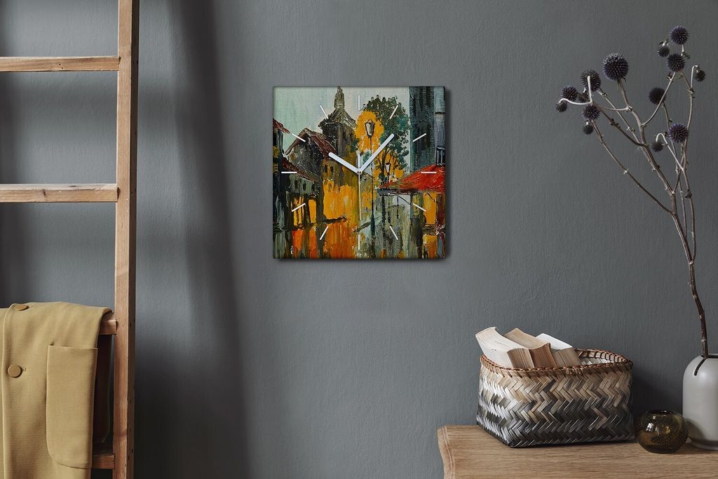 Coloray Hodiny Unikátní 30x30 cm Tiché hodiny Pro obývací pokoj a kuchyň Nástěnné hodiny Plátno Bílé ručičky hodin - světla města