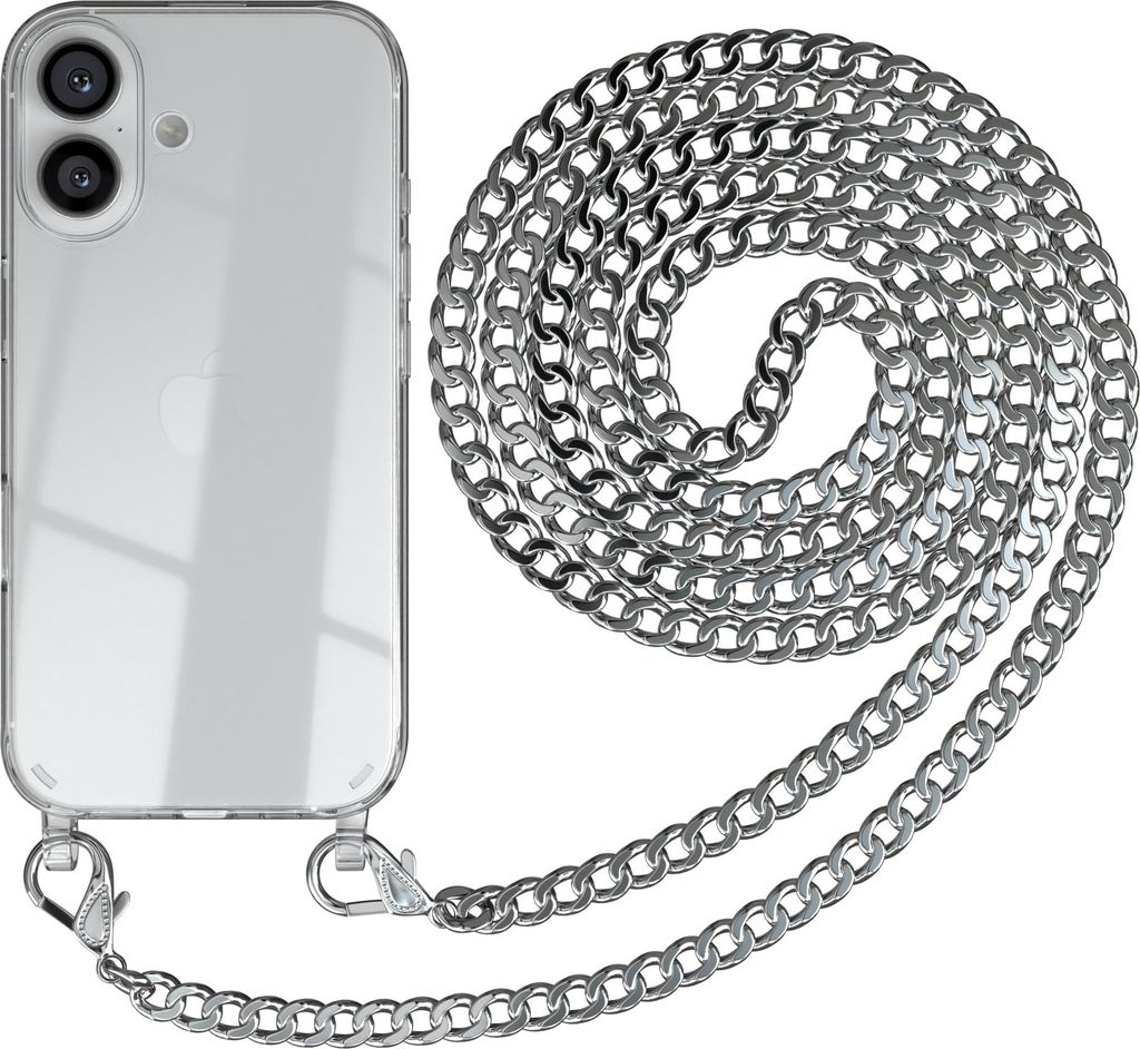EAZY CASE Metall Handykette für Apple iPhone 16, Handyhülle mit Umhängeband, Silikonhülle, Metallkette für Smartphone in Silber