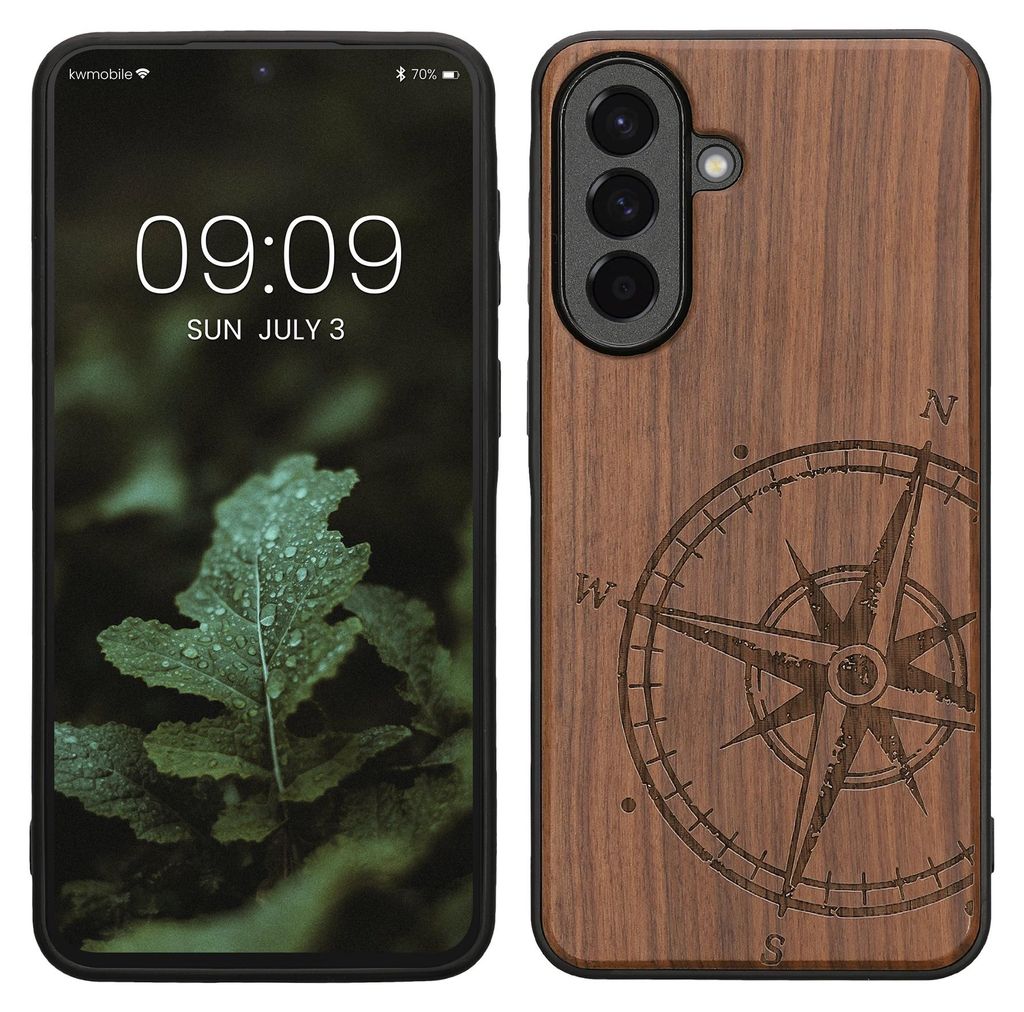 kwmobile Hülle kompatibel mit Samsung Galaxy A57 5G Hülle - Holz Case - Handy Cover - TPU Handyhülle in Dunkelbraun Kompass Vintage