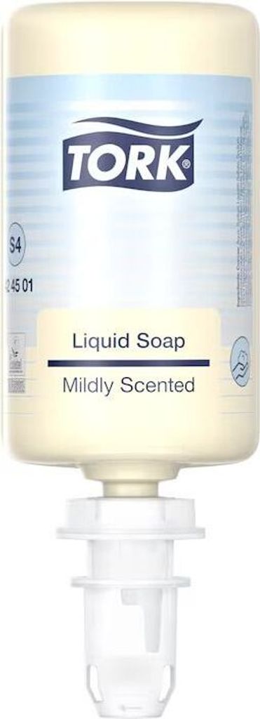 A Tork liquid soap dispenser refill cartridge.