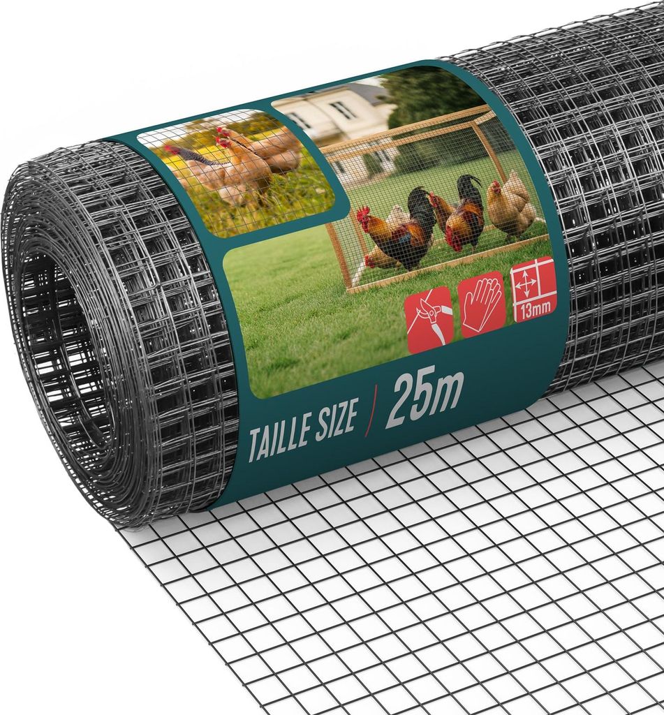 VOUNOT Drahtgitter 1x25m auf Rolle, Maschenweite 13 mm, Drahtstärke 0.8 mm, PVC Grau