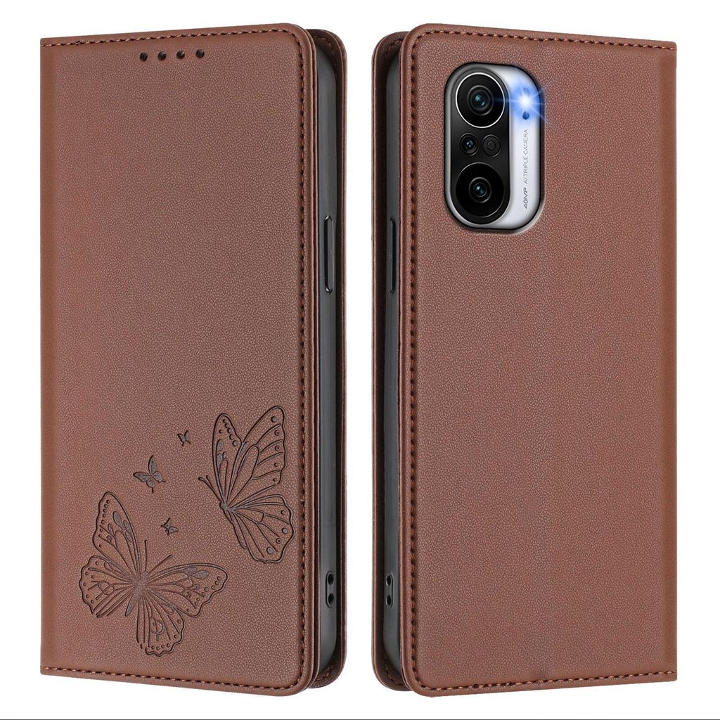 Lederhülle für Xiaomi Poco F3/Redmi K40/K40 Pro, Schmetterling Prägung Leder Brieftasche Schutzhülle mit Ständer Braun