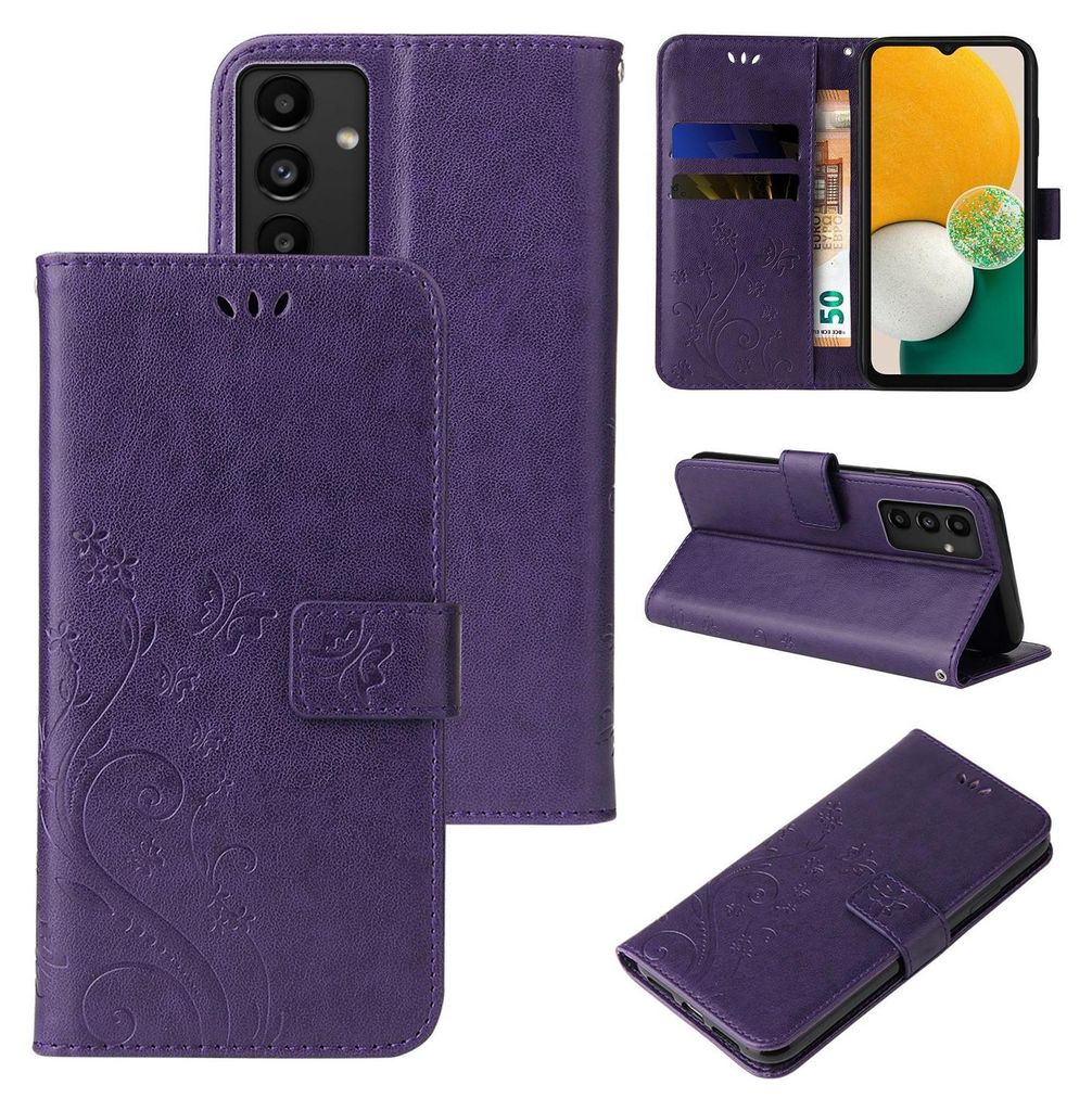 A collage of images showing a purple floral butterfly flip phone case for a Samsung Galaxy A13.