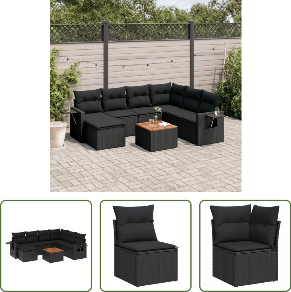 The Living Store 8-tlg. Garten-Sofagarnitur mit Kissen Schwarz Poly Rattan