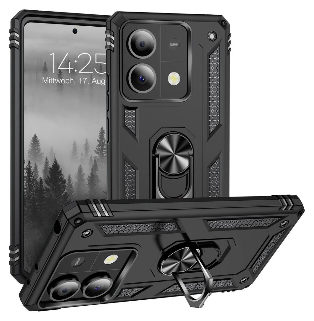 A black protective phone case with a ring holder, shown from multiple angles.