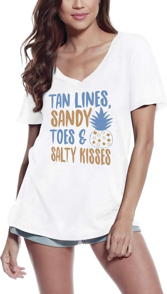 Damen Grafik T-Shirt V-Ausschnitt Gebräunte Linien sandige Zehen und salzige Küsse – Tan Lines Sandy Toes And Salty Kisses – Öko-Verantwortlich