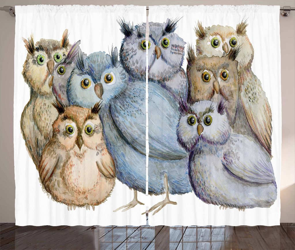 ABAKUHAUS Eule Rustikaler Vorhang, Owl Family Portrait-Kunst, Wohnzimmer Universalband Gardinen mit Schlaufen und Haken, 280 x 175 cm, Mehrfarbig