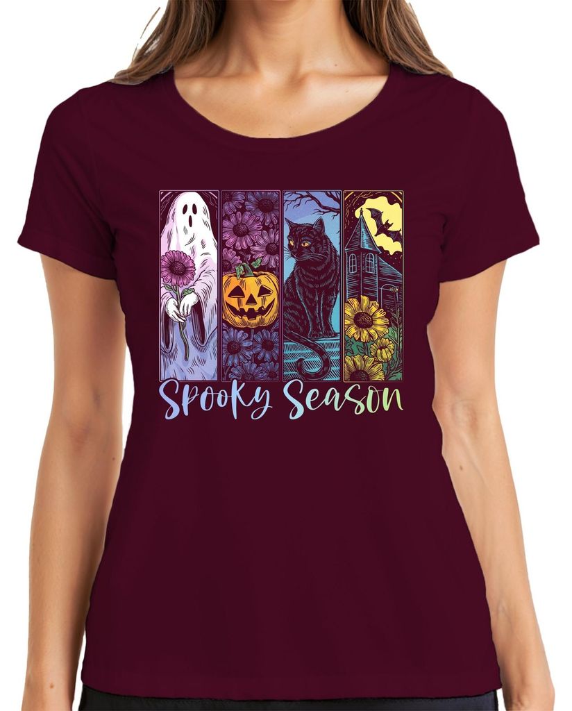 Spooky Season Halloween Kürbis Schwarze Katze Geist Herbst Grusel Damen T-Shirt, Burgundy, L