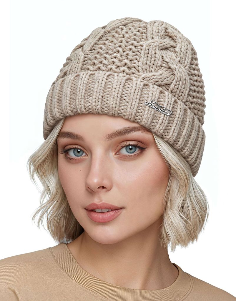 Damen Wintermütze Strickmütze Umschlag Zopfstrickmuster mit Fleece gefüttert Strickbeanie Model 36937 Neverless