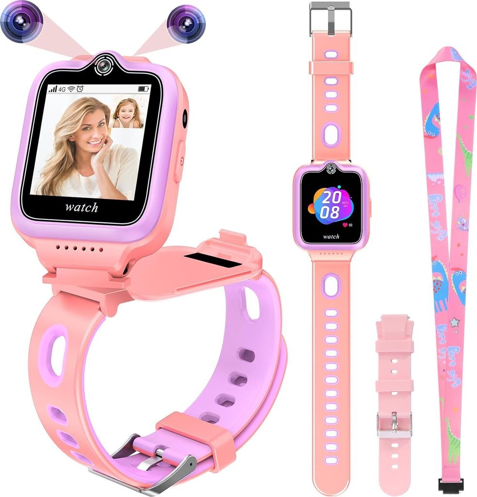 Kinder-Smartwatch IP67 wasserdicht mit GPS-Position, Kamera, SOS, Zwei-Wege-Anruf, Schrittzähler, Touchscreen, Musik-Video-Player-Alarm (Rosa)