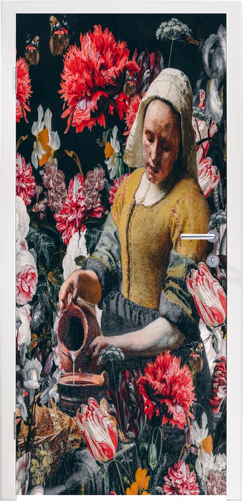 MuchoWow Türtapete Selbstklebende Türfolie Milchmädchen - Vermeer - Blumen 75x205 cm Türposter Türaufkleber Klebefolie Türklebefolie - XXL-...