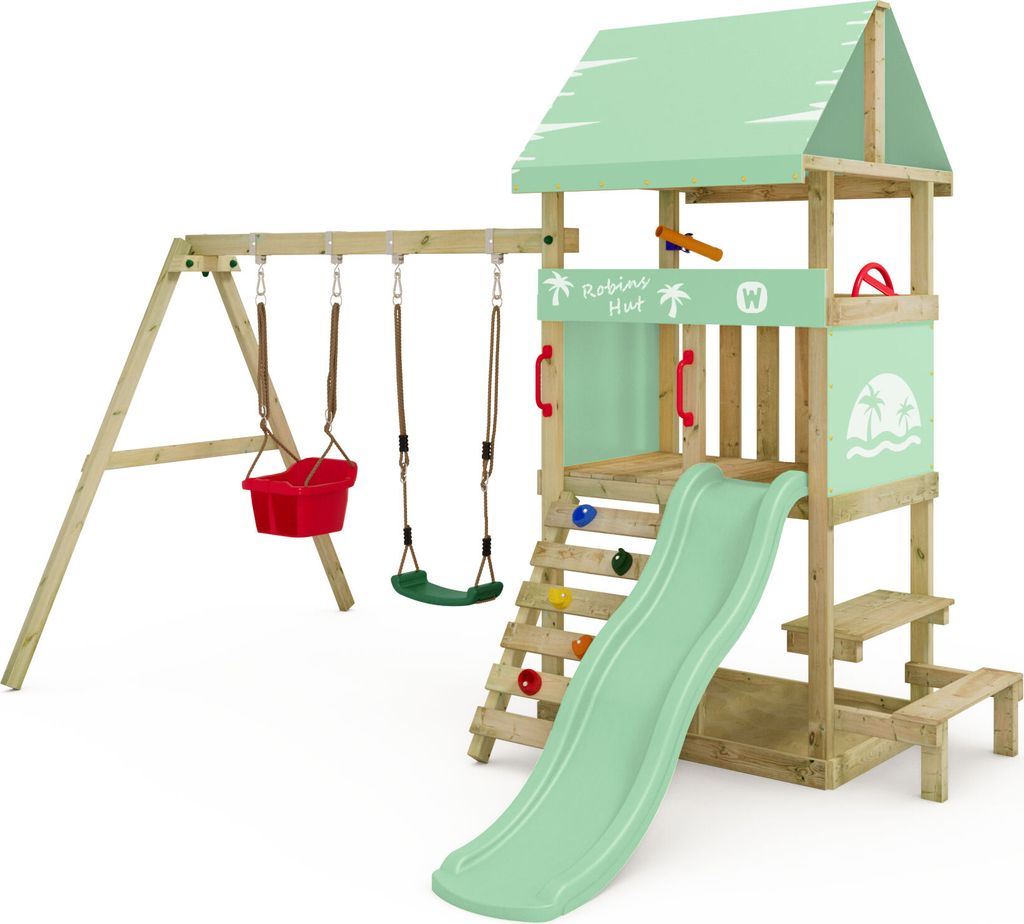 WICKEY Spielturm Klettergerüst DinkyHouse mit Schaukel & Rutsche, Kletterturm mit Sandkasten, Leiter & Picknicktisch – pastellgrün