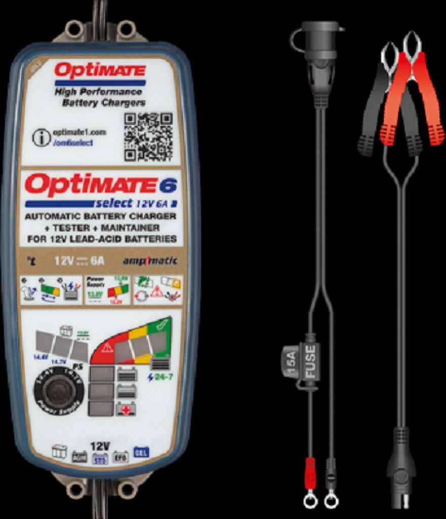 A battery charger and its accessories are displayed against a black background.