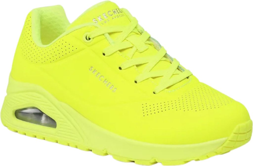 A bright yellow Skechers sneaker is shown from a side angle against a white background.