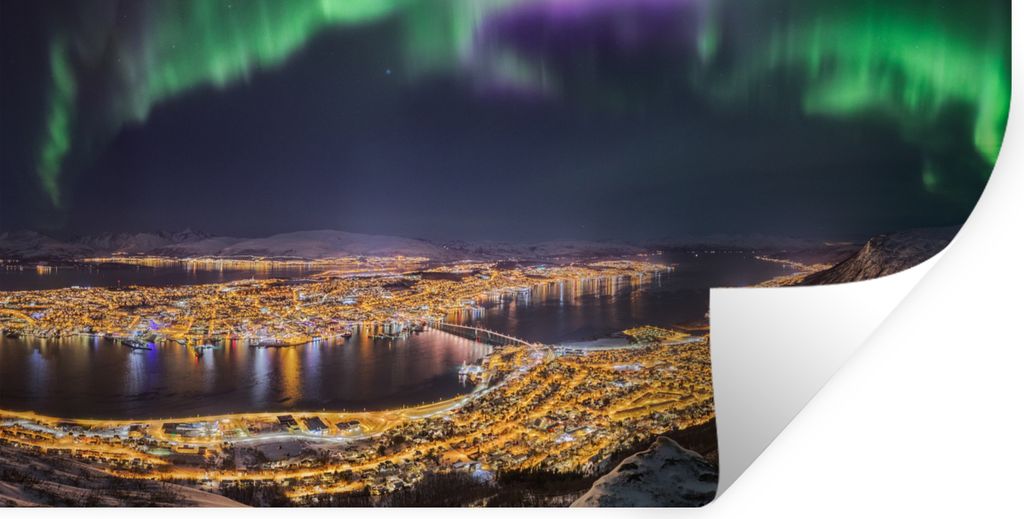 MuchoWow Wandtattoo Wandsticker Wandaufkleber Nordlichter - Grün - Lila - Norwegen 40x20 cm Selbstklebend und Repositionierbar - Aufkleber