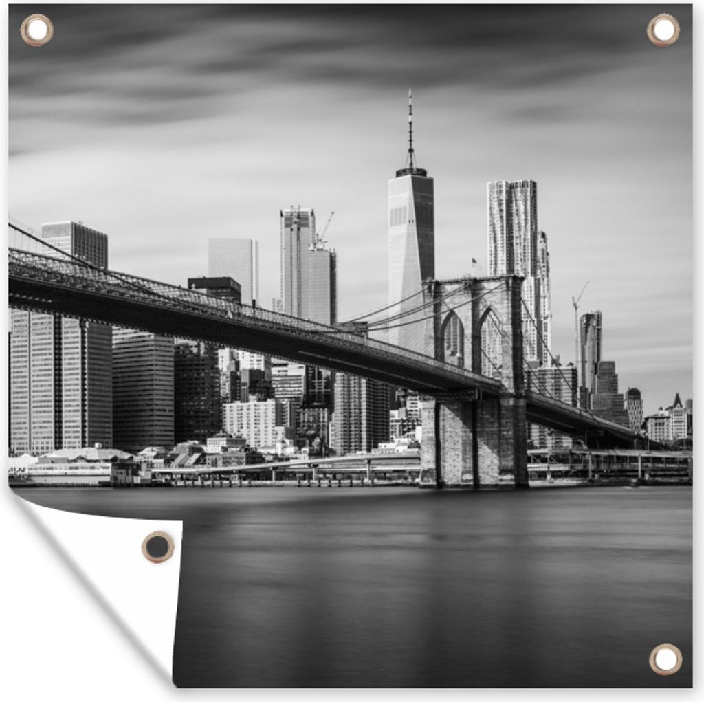 MuchoWow 100x100 cm Outdoor-Poster Gartendeko Sichtschutz Garten Poster für den Garten Brooklyn Bridge und die New Yorker Skyline in schwarz-weiß