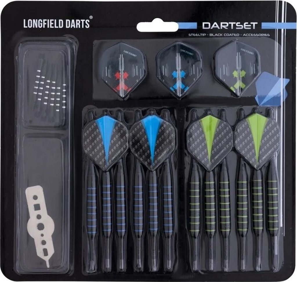 Longfield Steel Tip Dart Set mit 12 Pfeilen und Zubehör