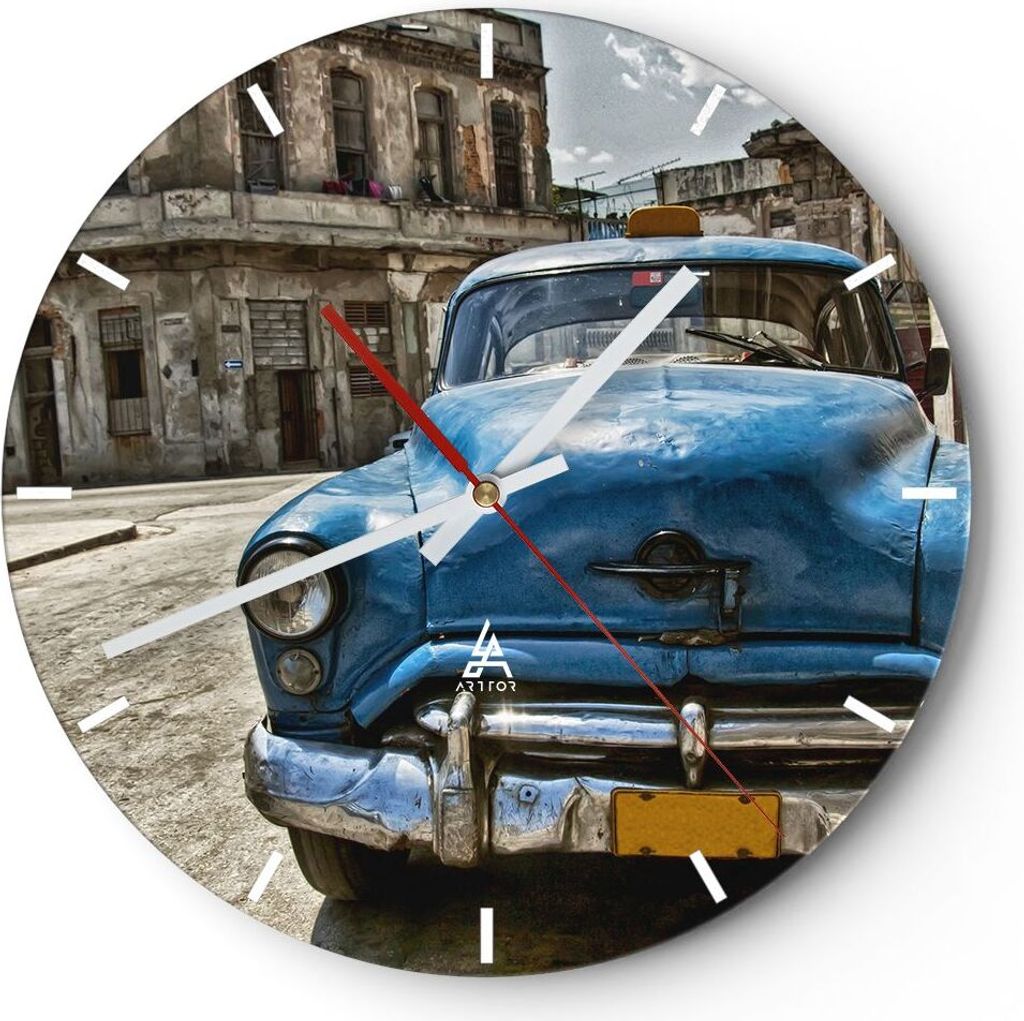 Wanduhr - Rund - Glasuhr - Auto Retro Kuba Havanna - 40x40cm - Schleichendes Uhrwerk - Lautlos - zum Aufhängen bereit - Dekoration Modern - Wandde...