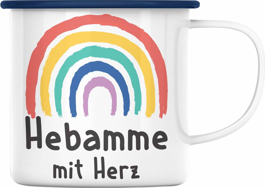 Trendation - Hebamme mit Herz Emaille Tasse Geschenk Geschenke mit Spruch Emaille Emaille Tasse Hebamme Dankeschön (Blau)