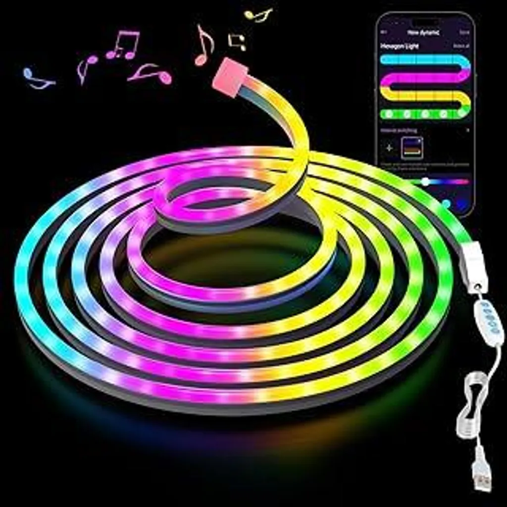 Striscia LED neon 3 m – Striscia LED neon RGB con controllo tramite app, sincronizzazione musicale ed effetti luminosi fai da te, striscia luminosa flessibile per soggiorno, camera da letto, decorazioni murali e gaming, accessori per gaming