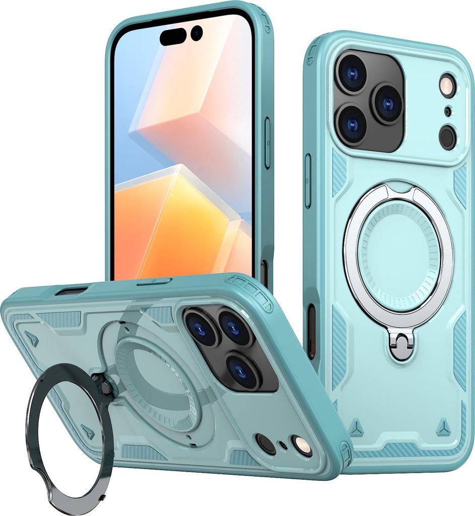 Dual Layer Hülle für iPhone 17 Pro Max mit Ring Ständer Magnetisch Stoßfest Handyhülle Türkis