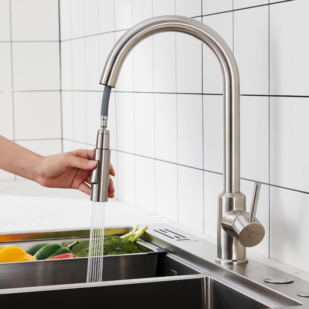 CECIPA U-förmiger ausziehbarer Küchenarmatur Küchenarmatur aus gebürstetem Edelstahl mit ausziehbarer Brause Spültischarmatur 2 Wasserausgabemodi