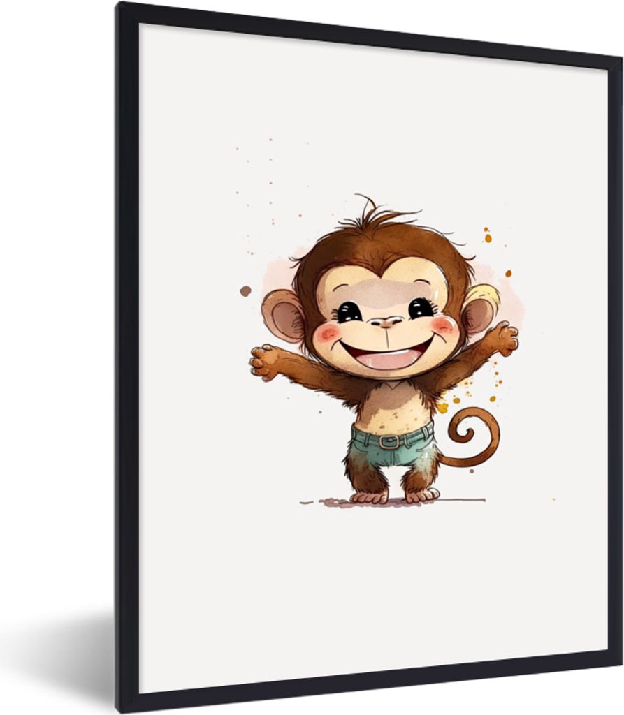 MuchoWow Gerahmtes Poster Affe - Braun - Aquarell - Tiere - Mädchen - Jungen 60x80 cm - Poster mit Schwarzem Bilderrahmen Wandposter Rahmen Foto...