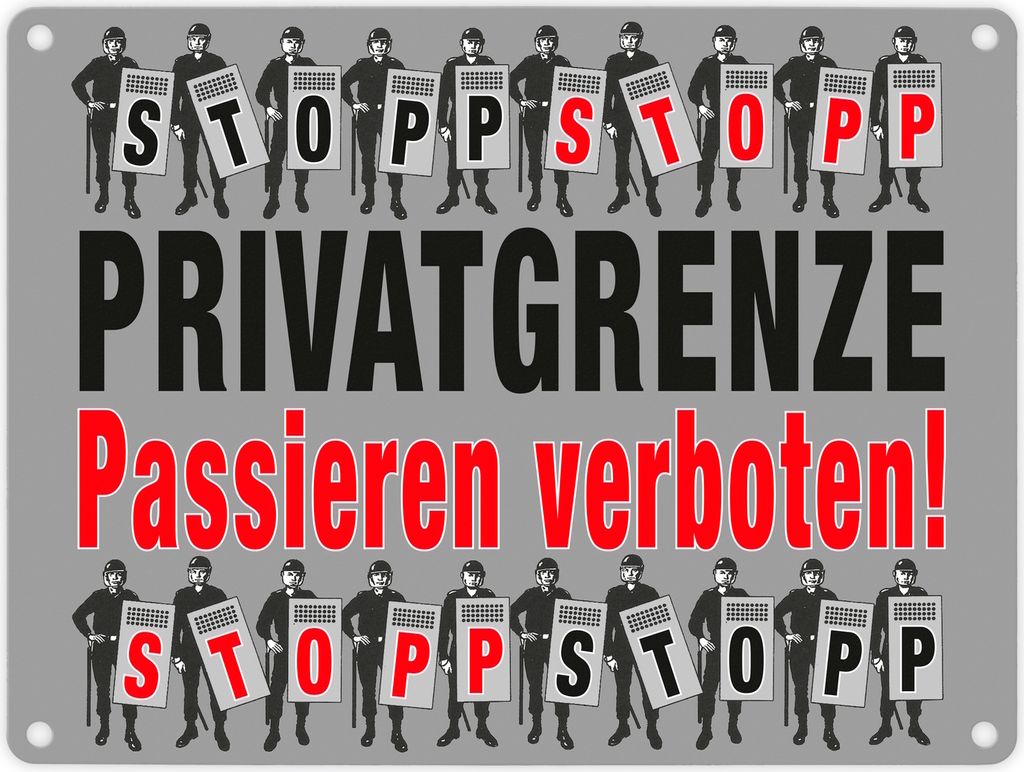 Privatgrenze Metallschild in 15x20 cm in grau mit Spruch Passieren verboten