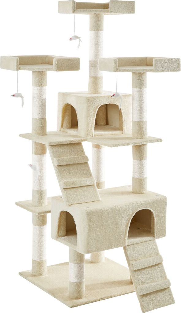 A multi-level cat tree with scratching posts, platforms, and enclosed spaces.