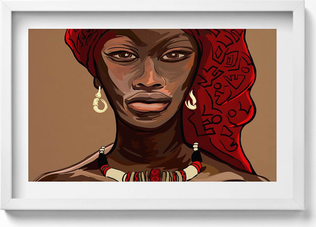 Kunst - Gemälde einer afrikanischen Frau– Wandbild mit Rahmen – Gerahmtes Bild – Wanddekoration – 60x40 cm – Schwarz Rahmen