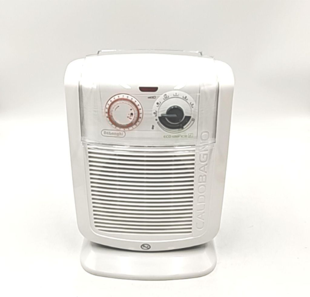 A white electric heater with controls on top, set against a white background.
