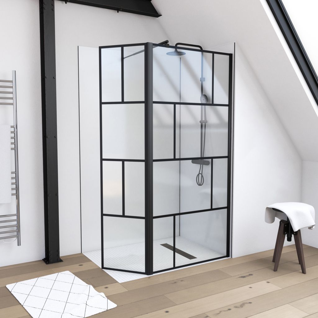 Duschwand MARWELL in modernem Design 90+40 x 195 cm inkl. Wandhalterung - Glasdusche mit matt schwarzen Wandprofil - Einscheibensicherheitsglas fü...
