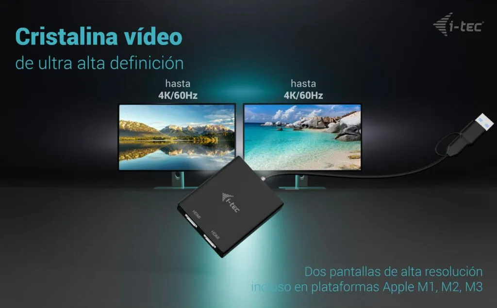 Câble Double Écran 4K i-Tec CADUAL4KHDMI Noir pour Bureau et Télétravail