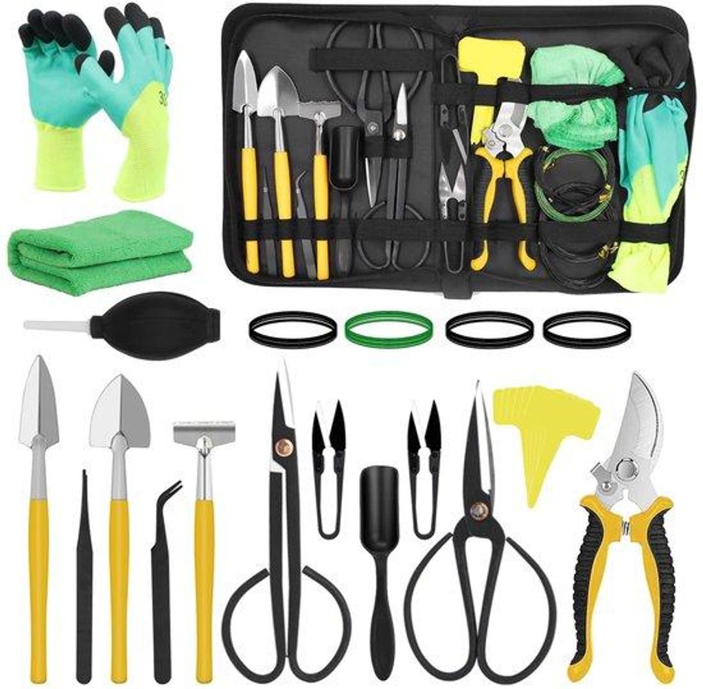 Bonsai-Set für Anfänger, 25-teilige Gartengeräte-Satz, Bonsai-Schere, Bonsai-Draht, Gartenhandschuhe, Mini-Hobel und Schaufel