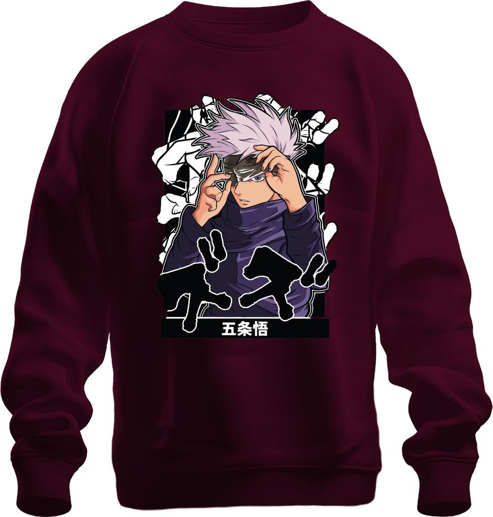 五条悟 Jujutsu Kaisen Satoru Augenbinde weißes Haar Anime Ästhetik Uni Sweatshirt Pullover, Burgundy, XXL