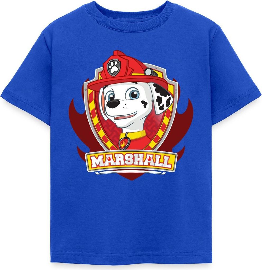 Spreadshirt Paw Patrol Marshall Feuerwehrhund Feuerwehr Emblem Kinder T-Shirt, 122/128 (7-8 Jahre), Royalblau