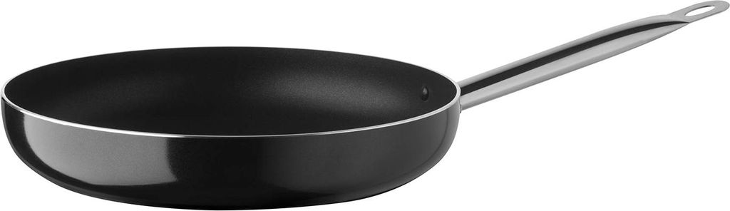 A black frying pan with a silver handle is shown against a white background.