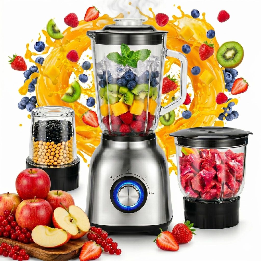3-in-1 Standmixer, 1200 Watt Hochleistungsmixer, 19.999 U/min, Variablen Geschwindigkeiten + Pulsfunktion für Mixen, Silber