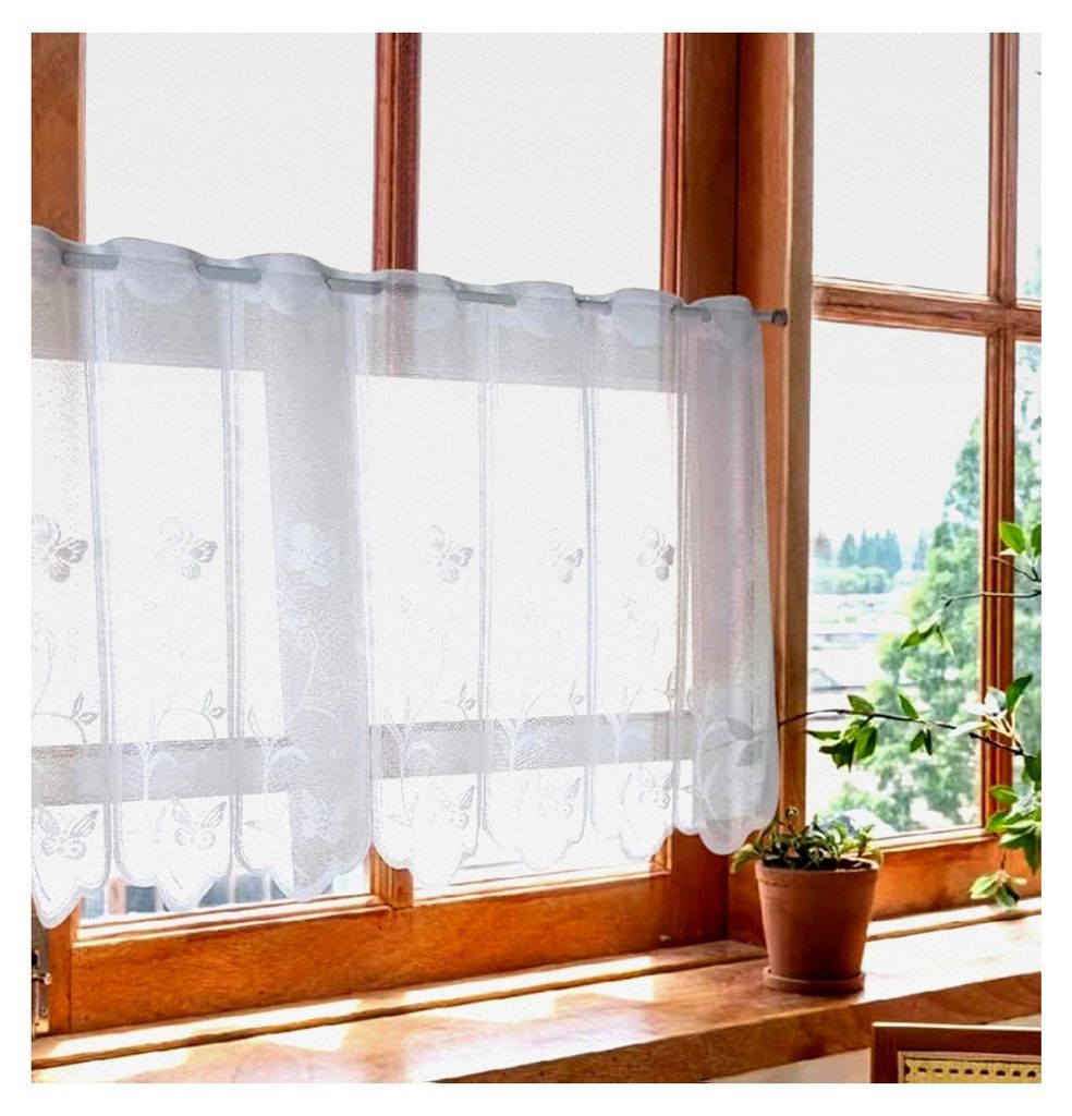 Transparente Scheibengardinen aus Jacquard mit Blumenmuster, Landhausstil, weiße Bistrogardine mit Ösen, kurze Küchengardinen mit gebogter Kante...