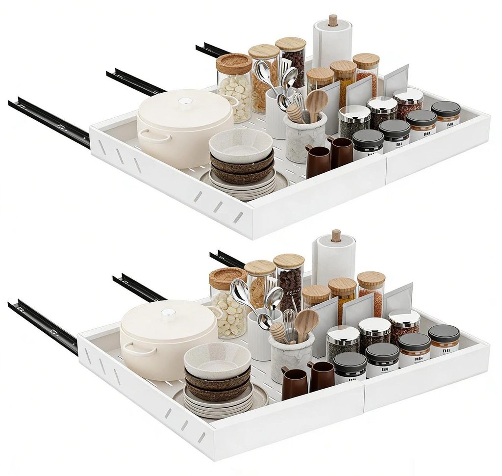 Schrank-Organizer - Auszugregal - Größenverstellbar - Erweiterbar - Stahl - 2er-Set - Für Küche/Vorratskammer/Bad - Weiß