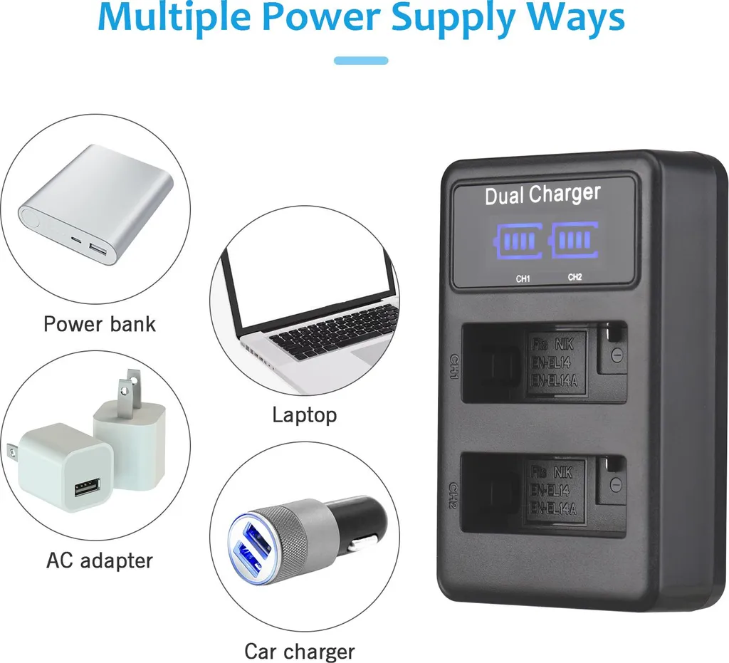 Lot de 2 Batteries EN-EL14 et Chargeur USB Double Écran pour Nikon D3300